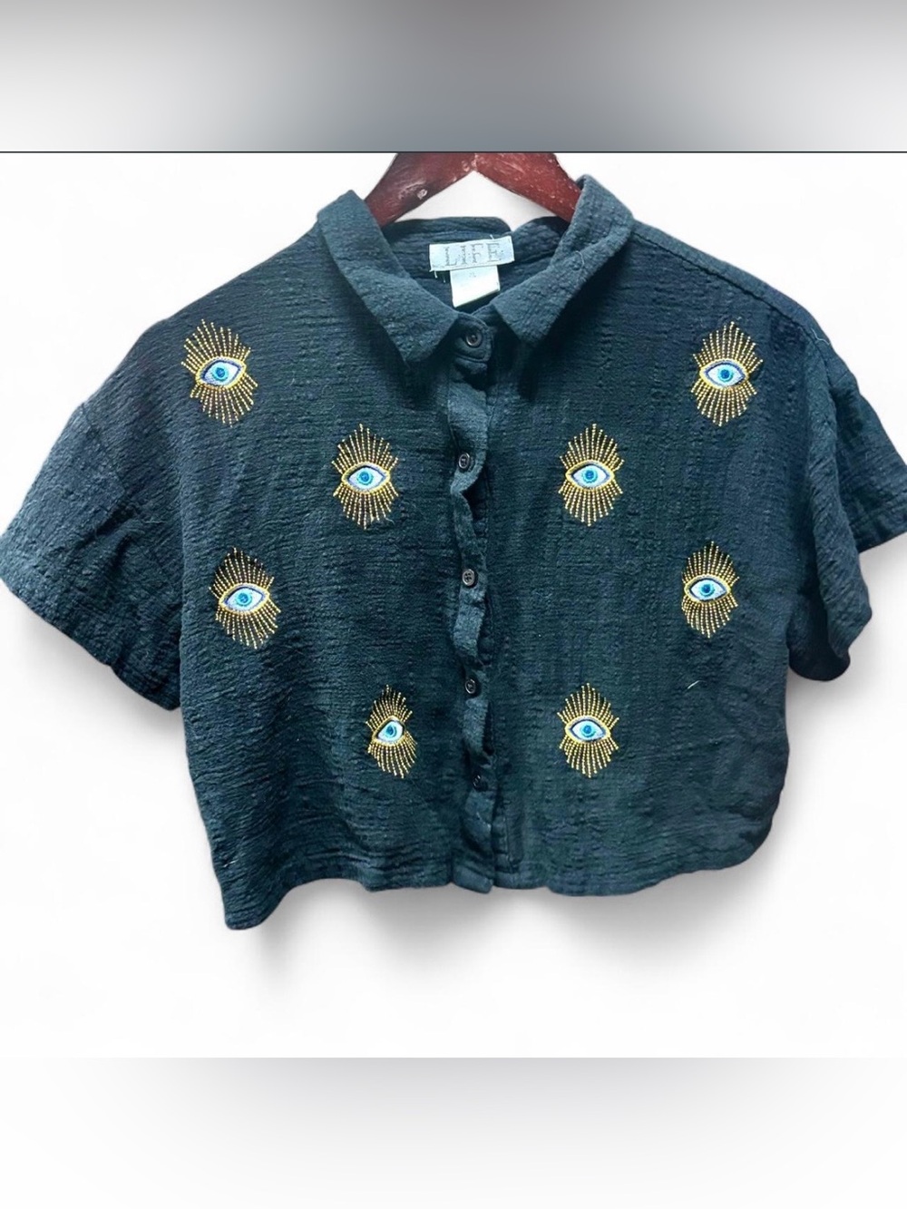 LIFE Black Evil Eye Embroidered Cropped Button Down Shirt Top XL